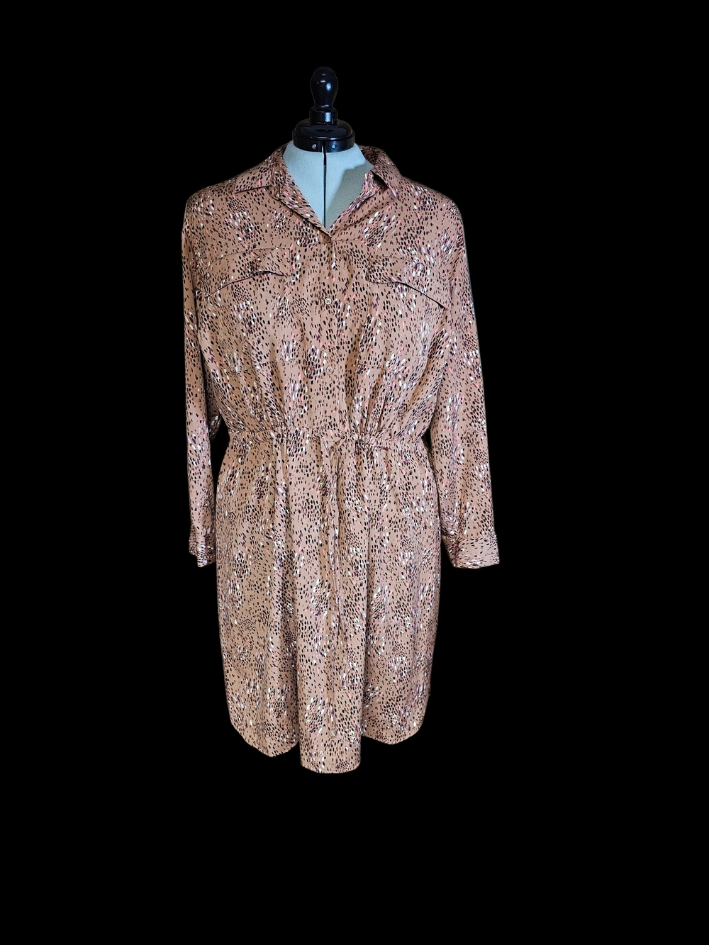EVRI Tan and Black Printed Long-Sleeve Shirt Dress
